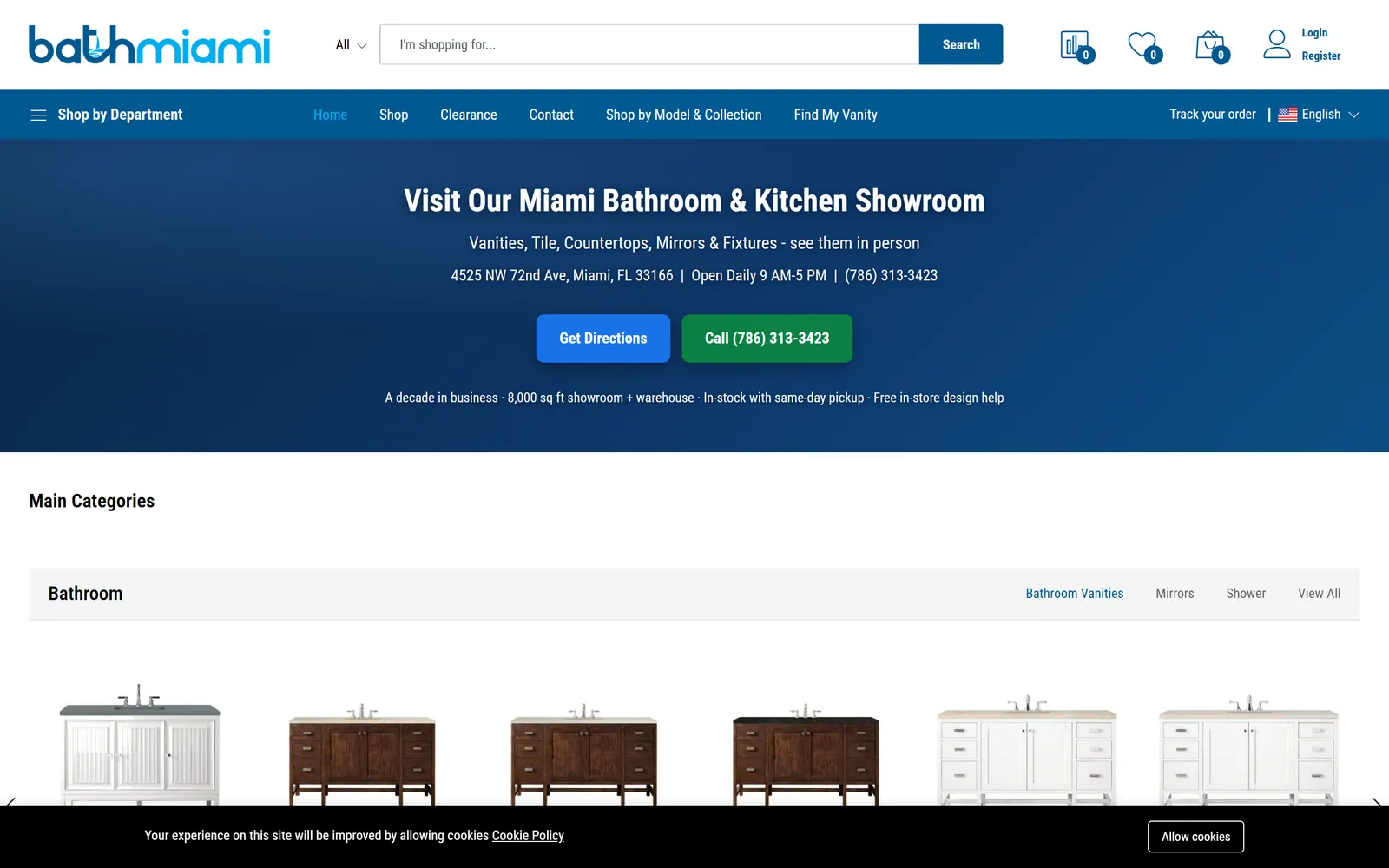 Bath Miami home page: a blue banner inviting visitors to the showroom, a top bar with search, and a row of bathroom vanity products below.