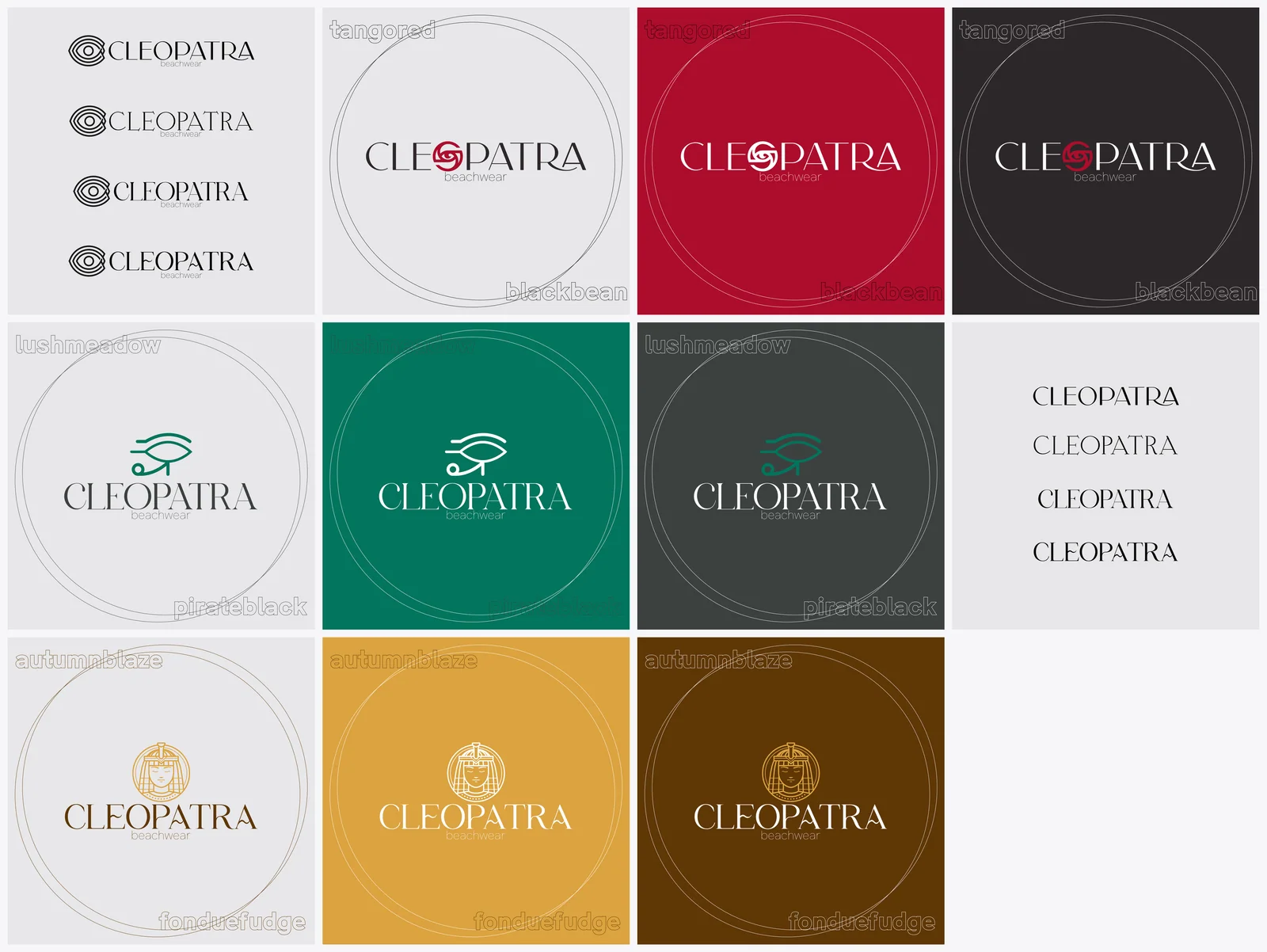Eleven logo design boards for Cleopatra Beach Wear, showing spiral, Eye of Horus and Cleopatra portrait concepts alongside typography studies.