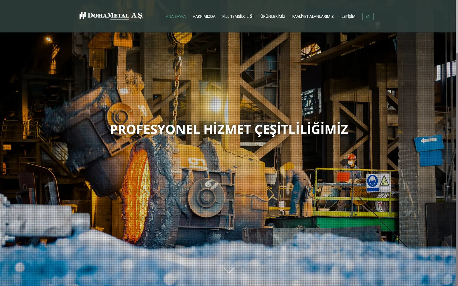 DoHa Metal home page: a heading about the breadth of the company’s services over a foundry photograph, with the corporate top menu.