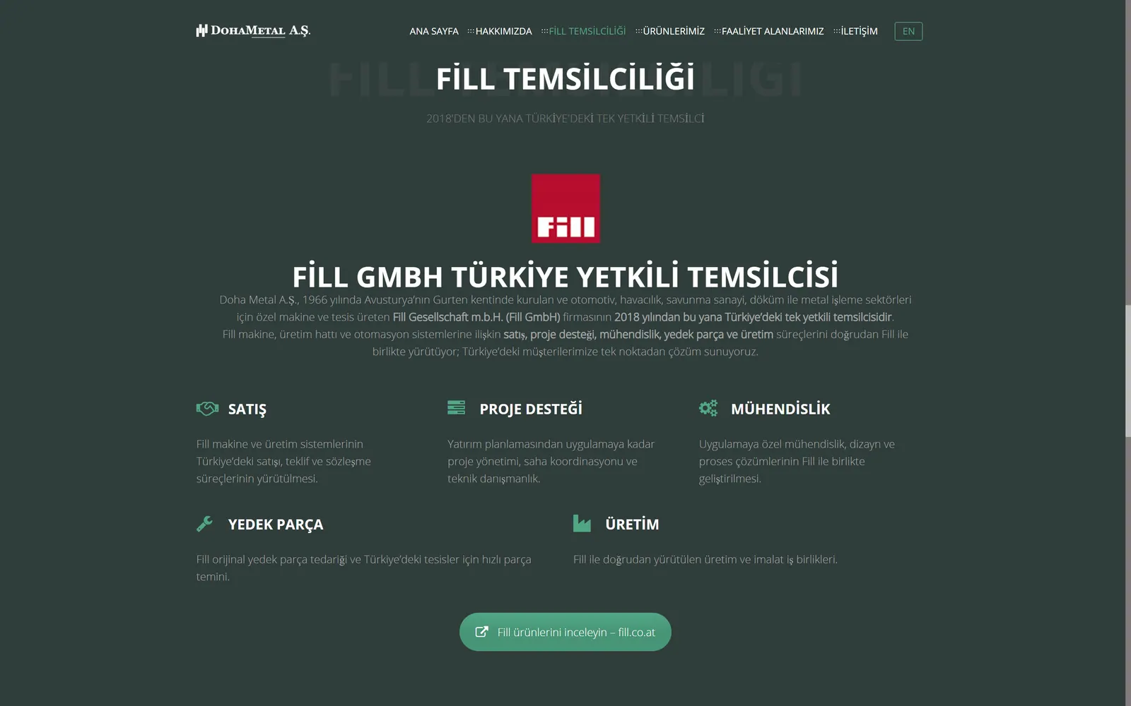 The Fill representation section of the site: the Fill GmbH logo, a note on the authorised representation and columns for sales, project support, engineering, spare parts and production.