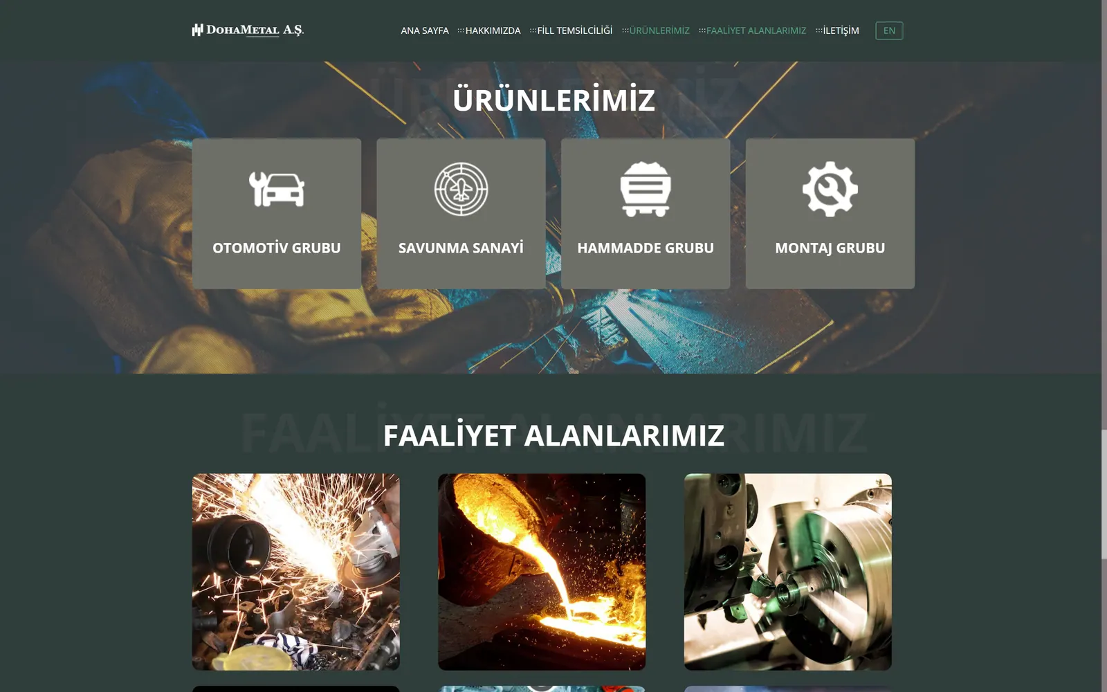 The products section: four icon cards for the automotive, defence, raw-material and assembly groups, with the fields-of-activity gallery below.