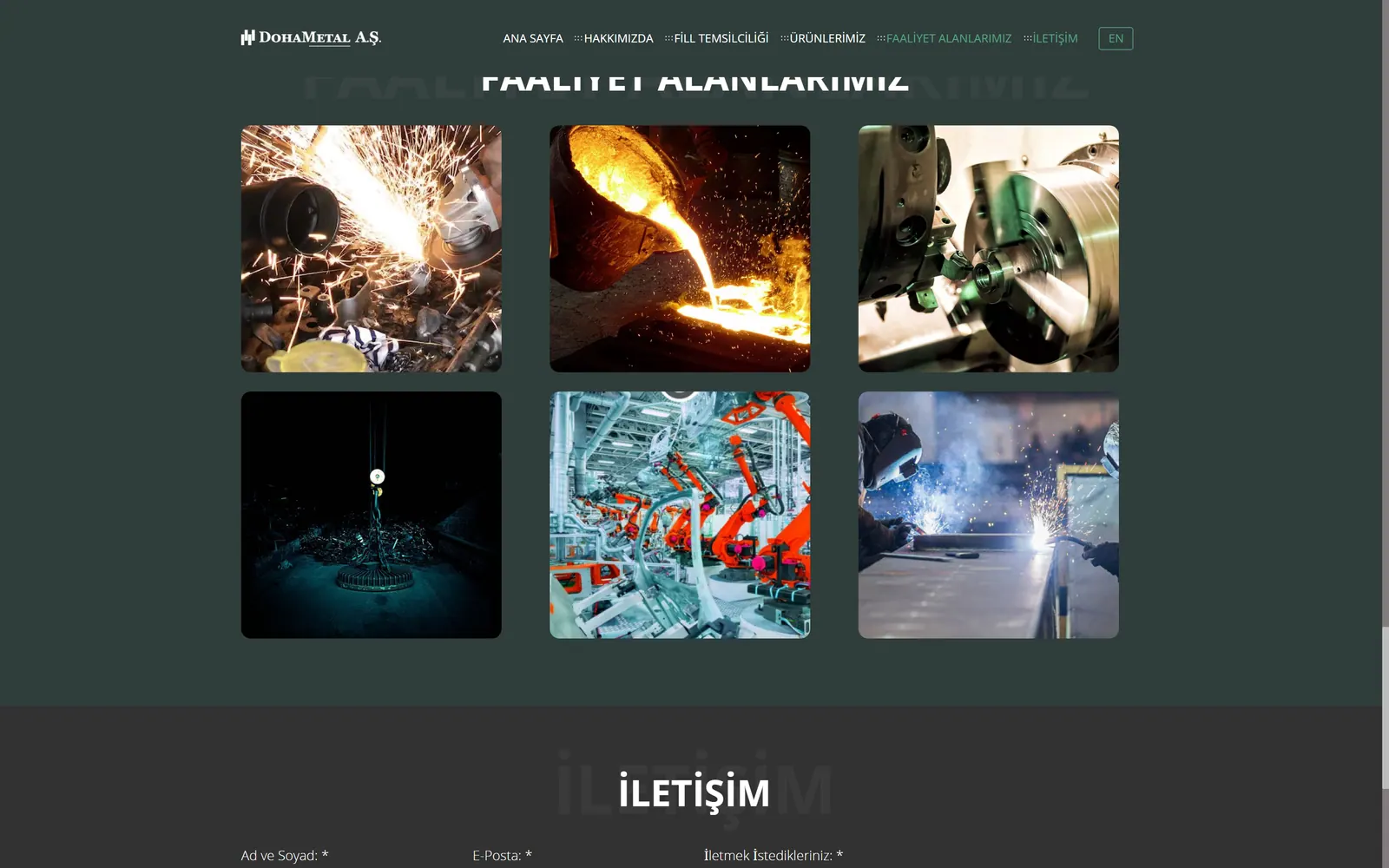 The fields-of-activity gallery: six manufacturing photographs, with the start of the contact form below.