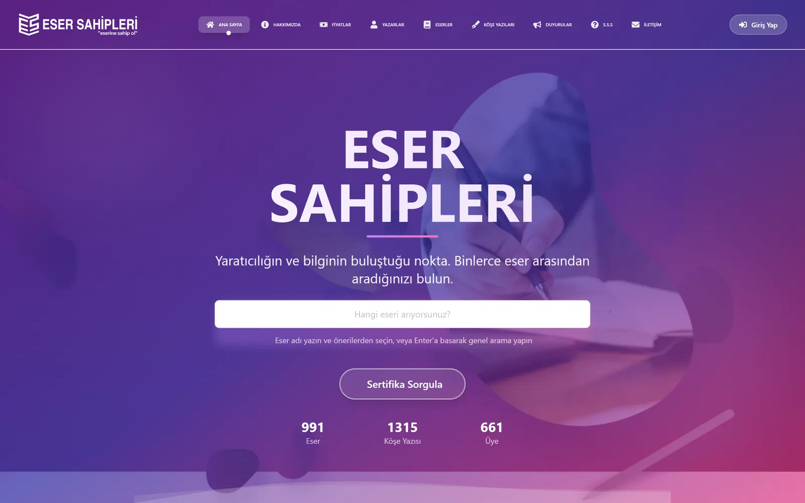 Eser Sahipleri home page: the site name on a purple gradient, a work-search field, a certificate-lookup button and content counters below.