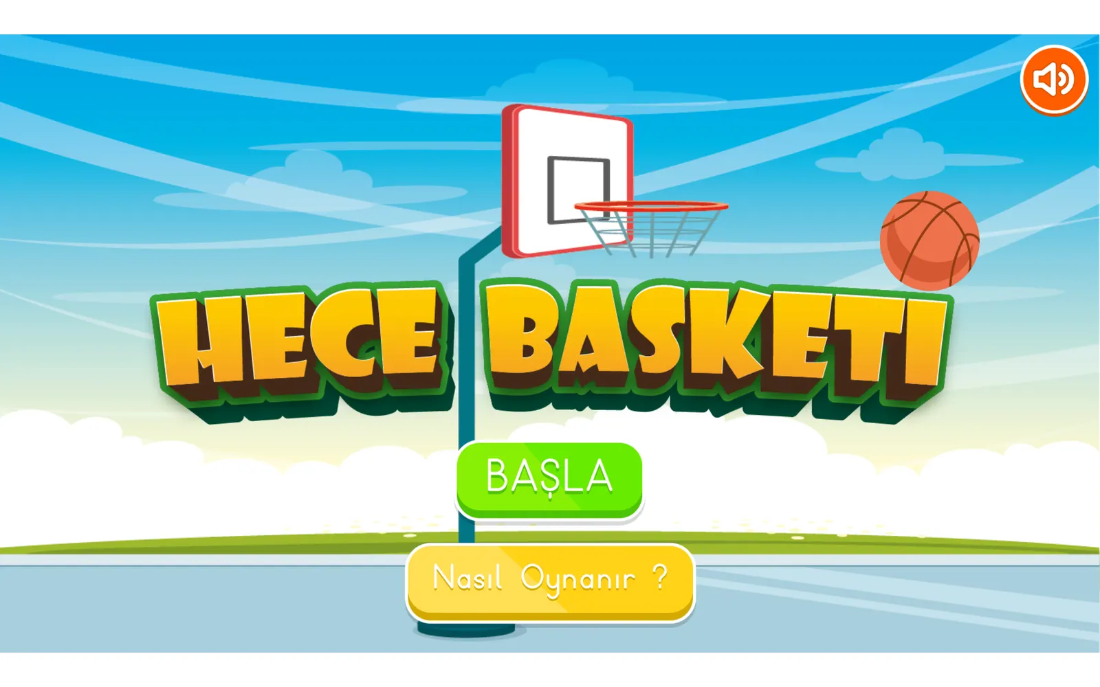 Hece Basketi oyununun açılış ekranı: gökyüzü zemininde basketbol potası, turuncu top, oyunun adı ve Başla düğmesi.