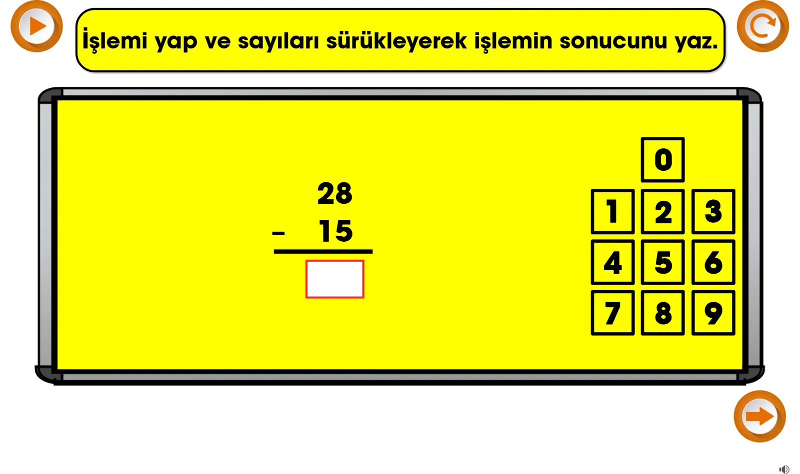 Sürükle-bırak işlem etkinliği: sarı tahtada 28 eksi 15 çıkarma işlemi, boş sonuç kutusu ve sağda rakam tuş takımı.