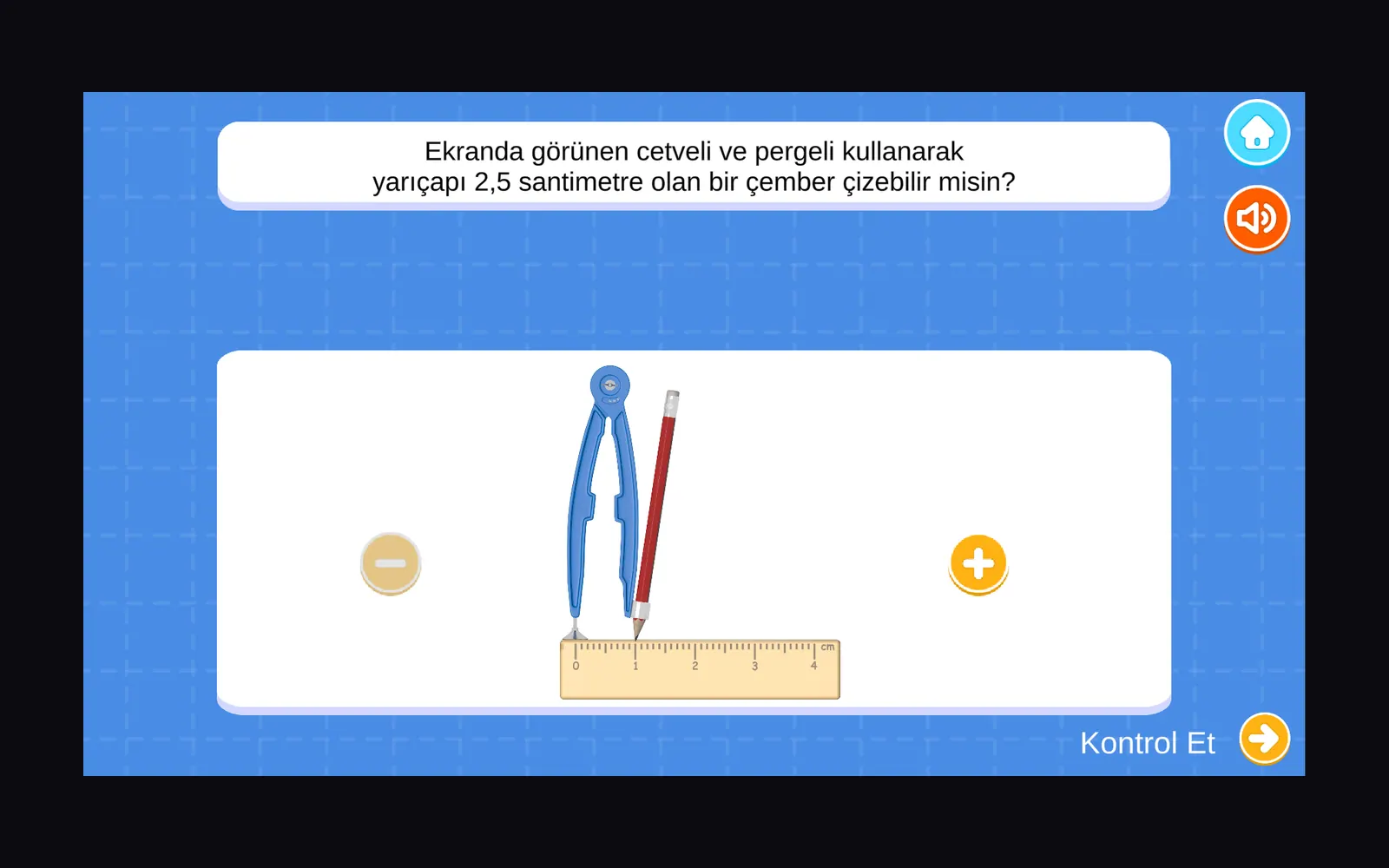 Pergel oyunu: yarıçapı 2,5 santimetre olan bir çember çizmeyi isteyen soru ve beyaz çalışma alanında cetvel üzerine yerleştirilmiş pergel ile kalem.