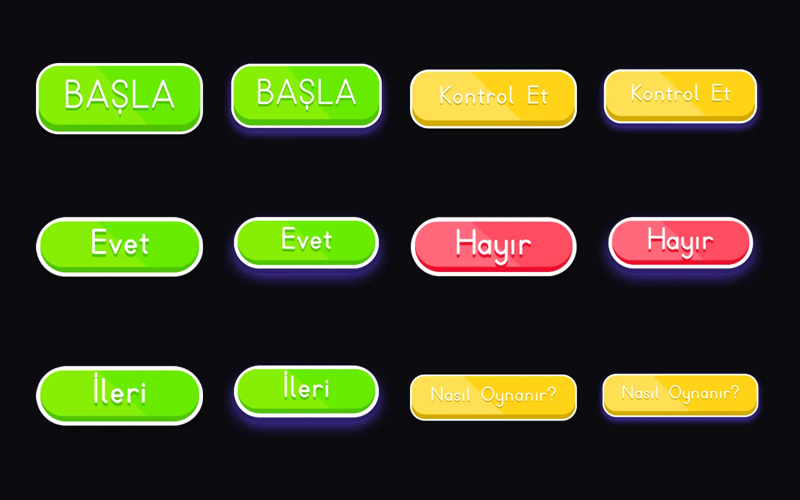 Unity oyun hattının ortak buton kiti: Başla, Kontrol Et, Evet, Hayır, İleri ve Nasıl Oynanır düğmelerinin sakin ve vurgulu durumları koyu zeminde yan yana.