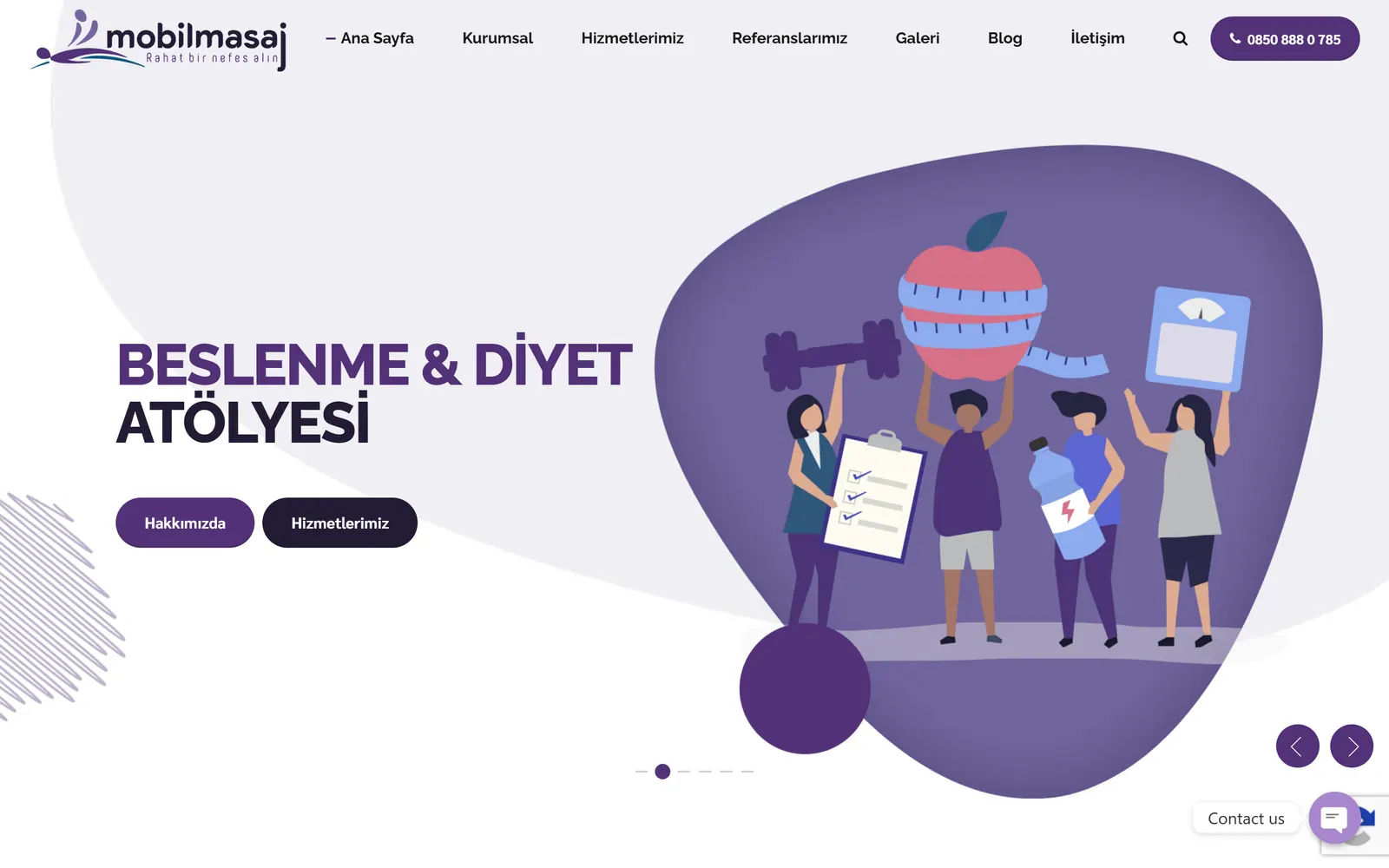 Mobil Masaj home page: a nutrition-and-diet workshop headline with a purple-toned illustration of a group of people.