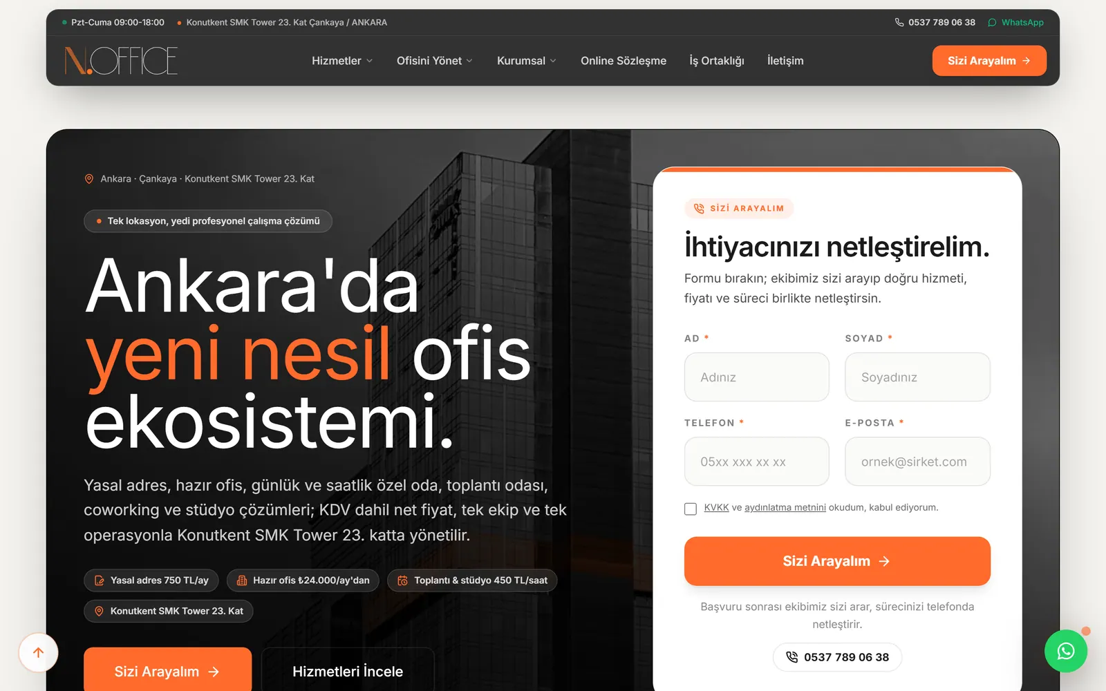 nofficecenter.com home page: a next-generation office ecosystem headline on a dark ground, service chips and a contact form on the right.