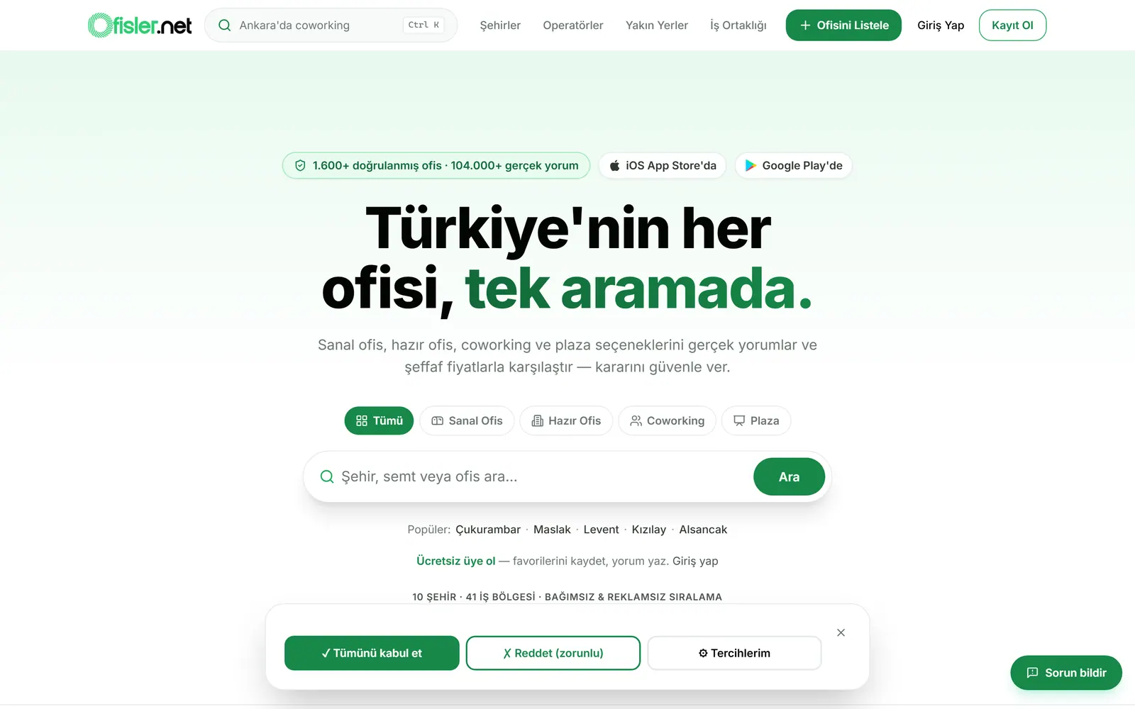 ofisler.net home page: a headline about finding any office in a single search, filter chips for virtual office, serviced office, coworking and business centre, and a city search field.