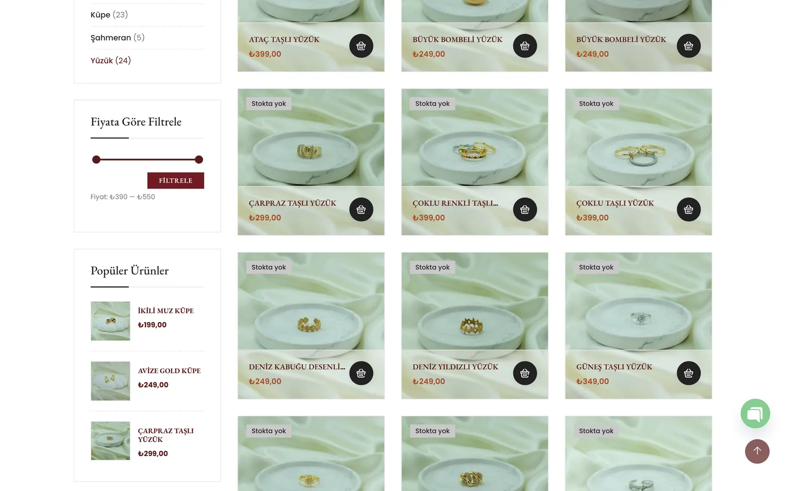 Eine Kategorieseite mit Preisfilter: links ein Preisregler und eine Liste beliebter Produkte, rechts ein Raster aus Ringkarten.