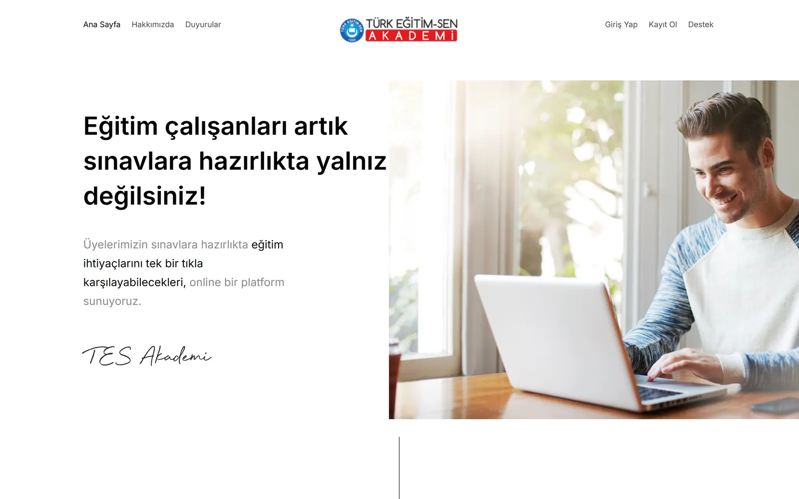 TES Akademi home page: a headline about exam preparation next to a photograph of a user at a laptop.