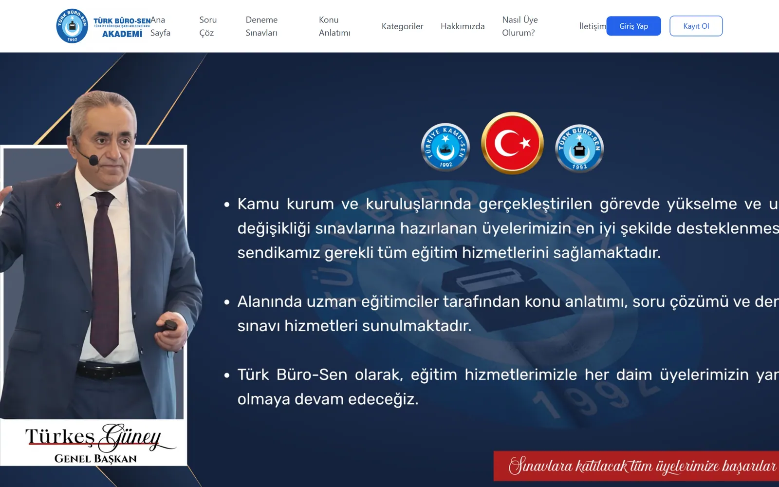 Türk Büro-Sen Akademi home page: a photograph of the union president alongside bullet points describing the training services offered, with a top menu for practice questions, mock exams and lessons.