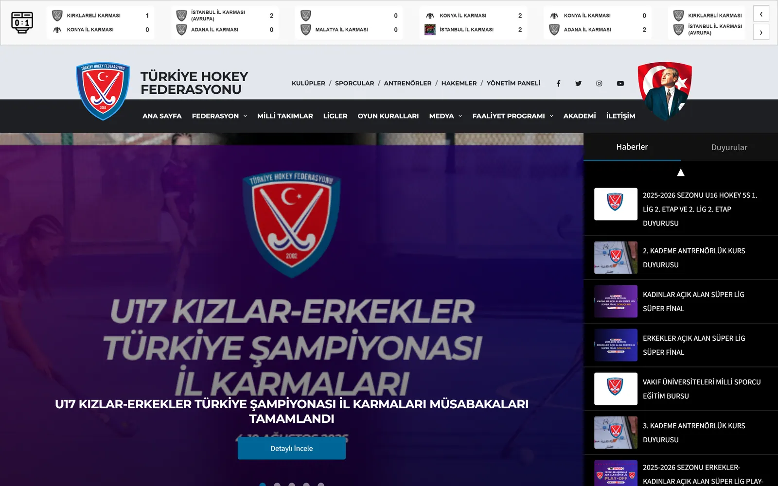 Türkiye Hokey Federasyonu ana sayfası: üstte müsabaka skor şeridi, ortada şampiyona manşeti, sağda haber ve duyuru listesi.