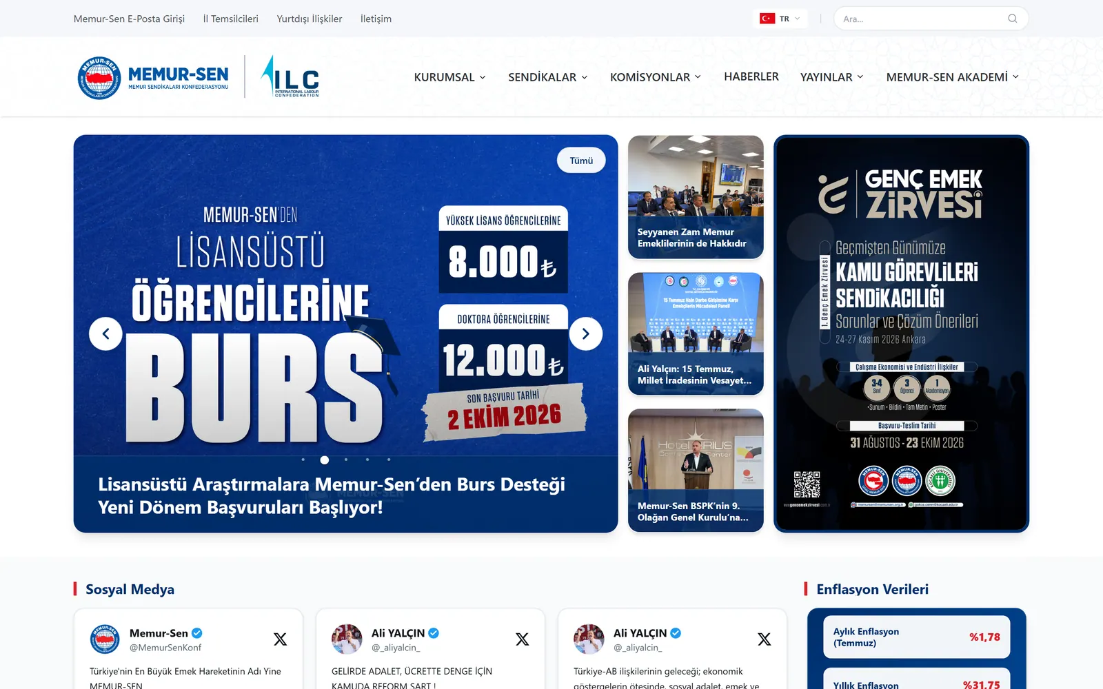 Türkiye Memur-Sen portal: a scholarship announcement banner, news cards beside it, and a social media feed and inflation data panel below.