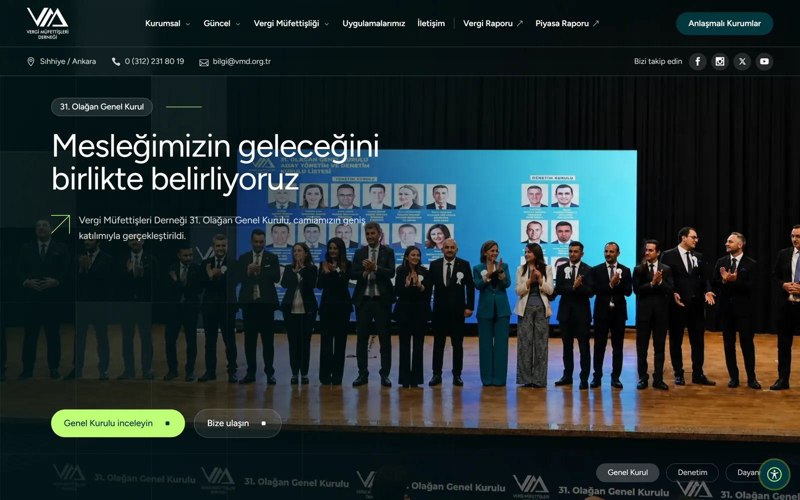 Vergi Müfettişleri Derneği home page: a headline about the profession’s future over a photograph from the general assembly, with the corporate top menu.